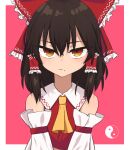  1girl ascot black_hair border bow closed_mouth commentary detached_sleeves hair_bow hair_tubes hakurei_reimu looking_at_viewer orb outside_border red_background red_bow sidelocks simple_background solo split_mouth straight-on strangenovel touhou upper_body white_border yellow_ascot yin_yang yin_yang_orb 