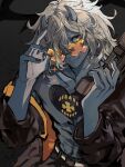  1boy blue_horns blue_skin chest_tattoo colored_skin compass_rose_halo found_modori grey_hair guilty_gear guilty_gear_strive halo happy_chaos heart heart_tattoo highres horns looking_at_viewer male_focus medium_hair orange-tinted_eyewear solo tattoo tinted_eyewear x-shaped_eyewear 