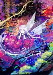  1girl absurdres axleaki blush branch closed_mouth colorful fairy fairy_wings flower grey_eyes hair_between_eyes head_rest highres long_hair looking_at_viewer nature no_pupils original sidelocks solo tree white_hair wings 