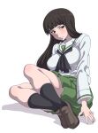  1girl absurdres ascot black_ascot black_hair black_socks blunt_bangs blush breasts brown_eyes brown_footwear closed_mouth girls_und_panzer green_skirt highres large_breasts loafers long_hair long_sleeves mature_female nishizumi_shiho ooarai_school_uniform pleated_skirt powerhamuhamu sailor_collar school_uniform serafuku shadow shirt shoes simple_background skirt socks solo v-shaped_eyebrows white_background white_sailor_collar white_serafuku white_shirt 