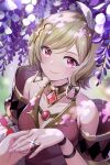  1girl 1other ambiguous_gender bare_shoulders blonde_hair blush citrinne_(fire_emblem) closed_mouth commentary_request earrings fingernails fire_emblem fire_emblem_engage gold_trim hair_ornament holding_hands jewelry lips looking_at_viewer necklace out_of_frame pink_lips red_eyes ring short_hair smile tuna_picture wing_hair_ornament 