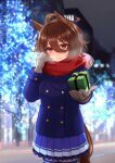  1girl absurdres agnes_tachyon_(umamusume) ahoge animal_ears blue_coat blurry blurry_background blush bokeh box breasts breath brown_gloves brown_hair buttons closed_mouth coat cowboy_shot depth_of_field double-breasted earrings emil1030_blue gift gift_box glint gloves hair_between_eyes highres holding holding_gift horse_ears horse_girl horse_tail jewelry long_sleeves looking_at_viewer medium_hair outdoors pleated_skirt purple_skirt reaching reaching_towards_viewer scarf single_earring skirt small_breasts smile solo standing tail tree twitter_username umamusume 