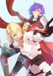  1boy 1girl armor black_gloves blonde_hair blue_eyes breastplate catherine_(fire_emblem) clenched_teeth commentary_request fire_emblem fire_emblem:_three_houses fire_emblem_warriors:_three_hopes gloves highres holding holding_sword holding_weapon outstretched_arm ponytail purple_hair riou_(pooh920) shez_(fire_emblem) shez_(male)_(fire_emblem) shoulder_armor sword teeth thunderbrand violet_eyes weapon white_armor 