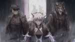  2girls 3boys animal_ears arknights black_jacket black_shirt blue_eyes capone_(arknights) commentary_request furry furry_male gambino_(arknights) grey_hair grin hair_ornament hairclip highres jacket lappland_(arknights) long_hair multiple_boys multiple_girls open_clothes open_jacket outdoors penance_(arknights) rain setsuka_(okuna_sin) shirt silhouette sketch smile very_long_hair vigil_(arknights) white_shirt yellow_eyes 