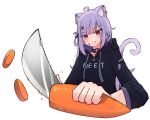  ahoge animal_ear_fluff animal_ears bandaid bandaid_on_face black_hoodie blunt_bangs carrot cat_ears cat_tail chopping gradient_hair hair_ornament hairpin heterochromia highres hood hoodie indie_virtual_youtuber knife long_hair long_sleeves mikeneko_(utaite) milk_tea_1993 multicolored_hair pink_eyes purple_hair sidelocks tail tongue tongue_out upper_body violet_eyes white_background 