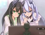  2girls :i black_hair blurry blurry_foreground dated dress green_eyes green_sailor_collar grey_hair hair_between_eyes headgear i-203_(kancolle) i-47_(kancolle) infini kantai_collection long_hair long_sleeves looking_at_viewer multiple_girls nail_polish official_alternate_costume pink_nails pout sailor_collar sailor_dress selfie short_sleeves twitter_username v violet_eyes 