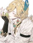 1boy black_gloves blonde_hair blush braid chinese_commentary closed_eyes closed_mouth commentary_request earrings eyelashes feather_hair_ornament feathers gem genshin_impact gloves glowing gold_trim green_gemstone hair_between_eyes hair_ornament hand_up highres holding jewelry kaveh_(genshin_impact) long_hair long_sleeves male_focus necklace otmmro parted_bangs puffy_long_sleeves puffy_sleeves shirt sidelocks simple_background single_braid smile solo upper_body vision_(genshin_impact) white_background white_shirt 