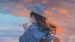  1girl cigarette clouds cowboy_hat dusk hat holding holding_cigarette long_hair looking_back original sky smoking solo 