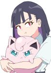  1girl :t absurdres black_hair blunt_bangs blunt_ends bob_cut closed_mouth colored_inner_hair commentary crossover do_it_yourself!! dress_shirt frown green_necktie highres holding holding_pokemon jigglypuff looking_at_viewer multicolored_hair nagumo_uka necktie pokemon pokemon_(creature) purple_hair shirt short_hair short_sleeves simple_background solo standing suride_miku upper_body v-shaped_eyebrows white_background 