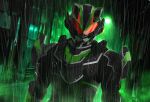 1boy animal_ears armor black_armor black_bodysuit bodysuit green_theme highres kamen_rider kamen_rider_geats_(series) kamen_rider_tycoon kamen_rider_tycoon_bujinsword male_focus miyabi_(037) night power_armor raccoon_ears rain red_eyes shogun tanuki upper_body water_drop