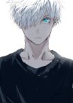  1boy black_shirt blue_eyes closed_mouth commentary_request gojou_satoru hair_over_one_eye jujutsu_kaisen looking_at_viewer male_focus nori20170709 shirt short_hair simple_background solo upper_body white_background white_hair 