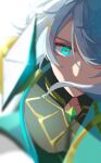  1boy aiming_at_viewer alhaitham_(genshin_impact) aqua_eyes black_shirt cable chest_jewel close-up facing_viewer gem genshin_impact gold_trim green_gemstone grey_hair hair_between_eyes hair_over_mouth hair_over_one_eye highres holding holding_sword holding_weapon looking_at_viewer male_focus matohuku1210 multicolored_eyes one_eye_covered parted_bangs pectorals shaded_face shirt sidelocks solo swept_bangs sword weapon white_background 
