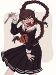  1girl black_shirt black_skirt braid breasts collarbone cowboy_shot danganronpa:_trigger_happy_havoc danganronpa_(series) fangs feet_out_of_frame fukawa_toko glasses hair_ornament hand_up highres holding holding_scissors kate_(pinkitereu) leaning_forward long_hair long_sleeves long_tongue medium_breasts neckerchief pink_background pleated_skirt red_eyes red_neckerchief round_eyewear sailor_collar scissors shirt skirt solo teeth tongue tongue_out twin_braids white_background white_sailor_collar 