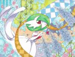  blue_flower crescent dress flower gardevoir green_hair hair_over_one_eye mega_gardevoir mega_pokemon no_nose open_mouth painting_(medium) pokemon pokemon_(creature) red_eyes siratamanisiki solo star_(symbol) traditional_media watercolor_(medium) white_dress 