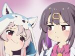 2girls black_hair bolo_tie brown_eyes commentary dot_nose frown gradient_background grey_hair hair_between_eyes hair_ornament hairclip hood hood_up long_hair looking_at_another multicolored_hair multiple_girls onii-chan_wa_oshimai! oyama_mahiro oyama_mihari purple_background purple_hair red_shirt sakura_planet shirt simple_background smile smirk smug twintails two-tone_hair white_background wing_collar wolf_hood 