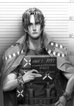  1boy absurdres arknights beard cape chain closed_mouth earrings facial_hair greyscale hand_on_own_hip highres holding jesselton_williams_(arknights) jewelry looking_at_viewer male_focus monochrome mugshot oxy_(ho2) shirt solo spikes upper_body 