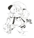  1girl backpack bag blush cactas7 closed_eyes collared_shirt flat_cap greyscale hair_bobbles hair_ornament hat highres kawashiro_nitori long_sleeves medium_hair monochrome open_mouth shirt simple_background smile solo touhou two_side_up upper_body white_background 