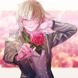  1boy black_jacket black_shirt blurry blurry_background blush brown_hair buttoned_cuffs buttons collared_shirt double-breasted ensemble_stars! flower grey_vest hair_between_eyes hakaze_kaoru hand_on_own_neck holding holding_flower incoming_gift jacket long_sleeves looking_at_viewer male_focus medium_hair nik_ibi one_eye_closed open_clothes open_jacket open_mouth red_flower red_rose rose shirt sidelocks smile solo straight-on teeth upper_body upper_teeth_only vest 