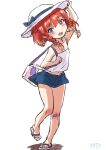  1girl alternate_costume bag blue_shorts bob_cut braid camisole etorofu_(kancolle) fuji_(pixiv24804665) gradient_hair hat highres kantai_collection multicolored_hair orange_hair redhead sandals shorts side_braid smile solo sun_hat twin_braids violet_eyes white_camisole white_headwear 