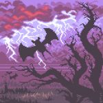  animal_focus branch castle commentary cross dated_commentary english_commentary flying jrchair98 lightning no_humans pixel_art pokemon pokemon_(creature) purple_sky scenery silhouette sky storm tree zubat 