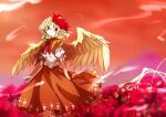  1girl bird_wings blonde_hair closed_mouth commentary dress flower looking_at_viewer multicolored_hair neckerchief niwatari_kutaka one-hour_drawing_challenge orange_dress outdoors red_eyes red_flower red_neckerchief red_sky redhead short_hair sky solo souko_illust spider_lily touhou two-tone_hair wings yellow_wings 