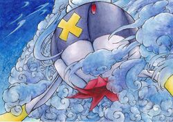  blue_sky clouds drifblim floating painting_(medium) pokemon pokemon_(creature) red_eyes siratamanisiki sky solo traditional_media watercolor_(medium) 