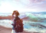  1girl backpack bag beach blue_eyes blue_jacket blunt_bangs bob_cut brown_hair clip_studio_paint_(medium) clouds cloudy_sky commentary cowboy_shot day double_v inverted_bob jacket light_particles long_sleeves looking_at_viewer looking_back medium_hair ocean open_mouth original scenery skirt sky solo sonna_watashi teeth v water waves white_skirt 