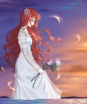  1girl bare_arms bare_shoulders bracelet brown_eyes curly_hair dress dusk feet_out_of_frame feiluo flower from_side gradient_sky hair_ornament highres holding holding_flower jewelry kumu_zaisheng long_hair looking_down off-shoulder_dress off_shoulder orange_sky outdoors profile purple_sky redhead rose skirt_hold sky solo wading water white_dress white_flower white_rose xing_xueyuan 