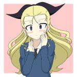  1girl assam_(girls_und_panzer) black_necktie black_ribbon blonde_hair blue_eyes blue_sweater blush closed_mouth commentary dress_shirt embarrassed frown girls_und_panzer hair_pulled_back hair_ribbon highres ichinose_jun long_hair long_sleeves looking_at_viewer necktie outside_border pink_background ribbon school_uniform shirt solo st._gloriana&#039;s_school_uniform sweatdrop sweater upper_body v-neck white_shirt wing_collar 