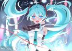 1girl 2023 :d absurdres ahoge arm_behind_back black_sleeves blue_eyes blue_hair blue_necktie blurry blurry_background blush collared_shirt dated detached_sleeves eyebrows_hidden_by_hair floating_hair hair_between_eyes hair_intakes hatsune_miku headphones headset highres index_finger_raised long_hair long_sleeves looking_at_viewer microphone necktie oni_gaka open_mouth shirt sleeveless sleeveless_shirt smile solo standing twintails very_long_hair vocaloid white_shirt wing_collar 