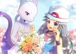  1girl :d bare_shoulders blue_camisole blue_sky blurry blurry_background blush bouquet breasts camisole closed_mouth clouds cloudy_sky collarbone commentary_request commission day depth_of_field flower grey_eyes grey_hair kou_hiyoyo leaf_(pokemon) long_hair mewtwo orange_flower orange_rose outdoors pokemon pokemon_(creature) pokemon_(game) pokemon_frlg rose skeb_commission sky small_breasts smile very_long_hair violet_eyes white_flower white_headwear white_rose wrist_cuffs yellow_flower yellow_rose 