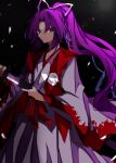  commentary_request dress highres holding holding_sword holding_weapon japanese_clothes kataginu long_hair long_sleeves looking_at_viewer meira_(touhou) one-hour_drawing_challenge purple_hair souko_illust sword touhou touhou_(pc-98) violet_eyes weapon white_dress wide_sleeves 