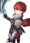  1boy adol_christin ahoge arm_guards armor black_eyes cape gloves highres kumakosion looking_at_viewer pauldrons redhead short_hair shoulder_armor simple_background smile smoke solo white_background ys ys_ix_monstrum_nox 