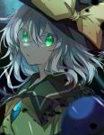 1girl black_headwear bow commentary green_eyes grey_hair hat hat_bow koishi_day komeiji_koishi looking_at_viewer open_mouth short_hair solo souko_illust third_eye touhou upper_body yellow_bow 