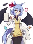  agnes_tachyon_(umamusume) agnes_tachyon_(umamusume)_(cosplay) aohadapeach bat_(animal) bat_wings black_pants blue_hair closed_mouth commentary cosplay cowboy_shot cup english_commentary flask hair_ribbon highres horse_girl horseshoe lab_coat looking_at_viewer pants red_eyes red_ribbon remilia_scarlet ribbon short_hair simple_background standing sweater teacup touhou uesaka_sumire umamusume voice_actor_connection white_background wings yellow_sweater 