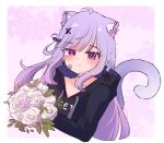  1girl animal_ear_fluff animal_ears bandaid bandaid_on_face black_hoodie blunt_bangs bouquet cat_ears cat_girl cat_tail fang floral_background flower hair_ornament hairpin heterochromia highres hood hoodie indie_virtual_youtuber long_hair long_sleeves mikeneko_(utaite) milk_tea_1993 niconico patterned_background pink_background pink_eyes purple_hair purple_ribbon ribbon rose sidelocks skin_fang solo tail upper_body violet_eyes virtual_youtuber white_flower white_rose x_hair_ornament 