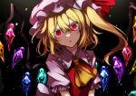  1girl ascot black_background commentary crystal flandre_scarlet hat hat_ribbon light_particles looking_at_viewer medium_hair mob_cap one_side_up open_mouth red_eyes red_ribbon ribbon short_sleeves simple_background solo souko_illust touhou upper_body white_headwear yellow_ascot 