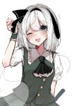 1girl :d absurdres ascot black_ascot black_hairband commentary_request ghost green_eyes green_vest grey_hair hairband highres konpaku_youmu konpaku_youmu_(ghost) looking_at_viewer one_eye_closed open_mouth shion_343 short_hair short_sleeves simple_background smile solo touhou upper_body vest white_background wrist_cuffs 