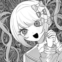  1girl :d bow chouzetsusaikawa_tenshi-chan commentary greyscale hair_bow hair_ornament hands_up heart heart_hair_ornament highres hirumanoinu long_hair long_sleeves monochrome needy_girl_overdose open_mouth own_hands_together quad_tails sailor_collar smile solo symbol-only_commentary twintails upper_body 