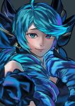 1girl absurdres ahoge bare_shoulders black_bow bow breasts dress drill_hair green_eyes green_hair grey_background gwen_(league_of_legends) hair_bow highres jangmijal_(jxngmxjxx) league_of_legends long_hair looking_at_viewer puffy_short_sleeves puffy_sleeves short_sleeves simple_background smile solo swept_bangs twin_drills twintails 