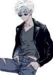  1boy black_jacket blue_eyes closed_mouth commentary_request gojou_satoru grey_shirt hands_in_pockets jacket jujutsu_kaisen lapels leather leather_jacket male_focus midriff_peek nori20170709 open_clothes open_jacket pants shirt short_hair simple_background solo sunglasses torn_clothes torn_pants v-neck white_background white_hair 
