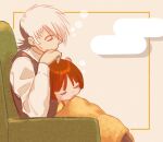 1boy 1girl amane_shinji black_hair black_jack_(character) black_jack_(series) blanket brown_hair commentary_request hand_on_own_face highres multicolored_hair on_chair pinoko scar scar_on_face sitting sleeping white_hair 