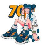  1girl aqua_shorts bandaid bandaid_on_cheek bandaid_on_face bandaid_on_leg bandaid_on_nose blue_footwear blue_hair blush colored_inner_hair commentary dark_blue_hair double_bun hair_bun hand_up highres jacket knees_up lightning_bolt_symbol long_sleeves looking_at_viewer multicolored_hair nao97122 open_mouth orange_hair original print_jacket ringed_eyes shoes shorts sidelocks simple_background sitting sneakers socks solo striped striped_jacket two-tone_hair vertical-striped_jacket vertical_stripes violet_eyes white_background white_jacket white_socks zipper zipper_pull_tab 