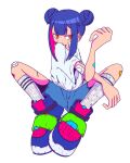  1girl bandaid bandaid_on_arm bandaid_on_cheek bandaid_on_face bandaid_on_knee bandaid_on_leg blue_shorts closed_mouth colored_inner_hair full_body hand_up highres kneehighs looking_at_viewer medium_hair multicolored_hair nao97122 original purple_footwear purple_hair scar scar_on_cheek scar_on_face scar_on_leg shirt short_sleeves shorts sidelocks simple_background sitting socks solo white_background white_shirt white_socks yellow_eyes 