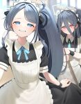  &lt;key&gt;_(blue_archive) 2girls absurdly_long_hair absurdres ao12073010 apron aqua_necktie aqua_ribbon aris_(blue_archive) aris_(maid)_(blue_archive) black_dress blue_archive blue_eyes blurry blurry_background blush commentary_request dress ear_blush forehead grin hair_between_eyes halo highres long_hair looking_at_viewer maid maid_headdress multiple_girls neck_ribbon necktie official_alternate_costume official_alternate_hairstyle one_side_up parted_bangs puffy_short_sleeves puffy_sleeves red_eyes ribbon short_sleeves siblings side_ponytail sidelocks smile sweatdrop swept_bangs twins very_long_hair white_apron wristband 