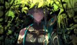  1boy alhaitham_(genshin_impact) armlet asymmetrical_sidelocks black_cape cable cape chest_jewel closed_mouth dark facing_viewer gem genshin_impact gold_trim green_cape green_eyes green_gemstone hair_between_eyes hair_over_one_eye headphones highres leaf light_rays looking_at_viewer male_focus mandarin_collar matohuku1210 multicolored_eyes one_eye_covered pectorals shade shaded_face shadow shoulder_cape sidelocks single_bare_shoulder solo sunbeam sunlight upper_body 