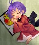  1girl antenna_hair barefoot closed_eyes full_body hangaku_th highres japanese_clothes kimono long_sleeves lying miracle_mallet on_side purple_hair red_kimono short_hair sleeping solo sukuna_shinmyoumaru touhou wide_sleeves 