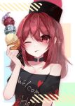  1girl absurdres bare_shoulders black_choker black_headwear choker closed_mouth clothes_writing clownpiece commentary english_text food hat hecatia_lapislazuli highres holding holding_food ice_cream_cone jester_cap looking_at_viewer medium_hair off_shoulder one_eye_closed polos_crown red_eyes redhead shion_343 solo tongue tongue_out touhou upper_body 