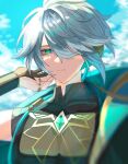  1boy alhaitham_(genshin_impact) antenna_hair aqua_eyes asymmetrical_sidelocks black_shirt blue_sky bridal_gauntlets cable cape chest_jewel closed_mouth clouds cloudy_sky facing_viewer fingerless_gloves gem genshin_impact gloves gold_trim green_cape green_gemstone grey_hair hair_between_eyes hair_over_one_eye hand_to_own_face hand_up headphones highres jewelry looking_at_viewer male_focus mandarin_collar matohuku1210 multiple_rings one_eye_covered parted_bangs partially_fingerless_gloves ring shaded_face shirt short_hair shoulder_cape sidelocks sky solo swept_bangs thumb_ring 
