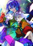  1girl bag blue_eyes blue_hair capelet commentary highres index_finger_raised light_particles long_sleeves looking_at_viewer multicolored_clothes multicolored_hairband one-hour_drawing_challenge open_mouth short_hair solo souko_illust tenkyuu_chimata touhou white_capelet 